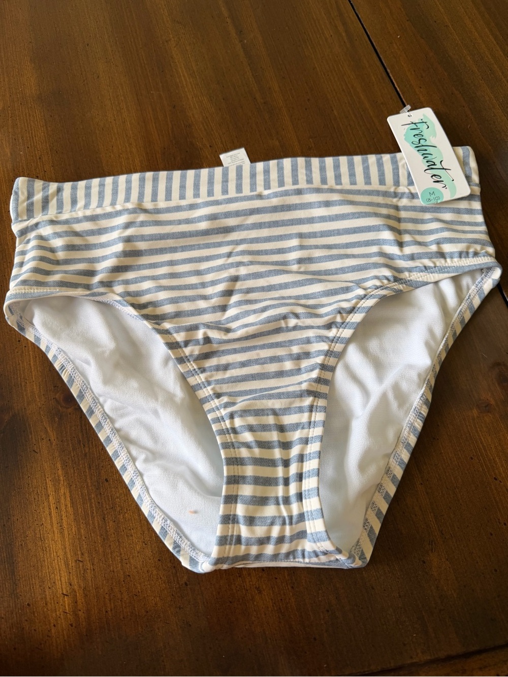 Striped High-Waist Bikini Bottom in Light Blue & White